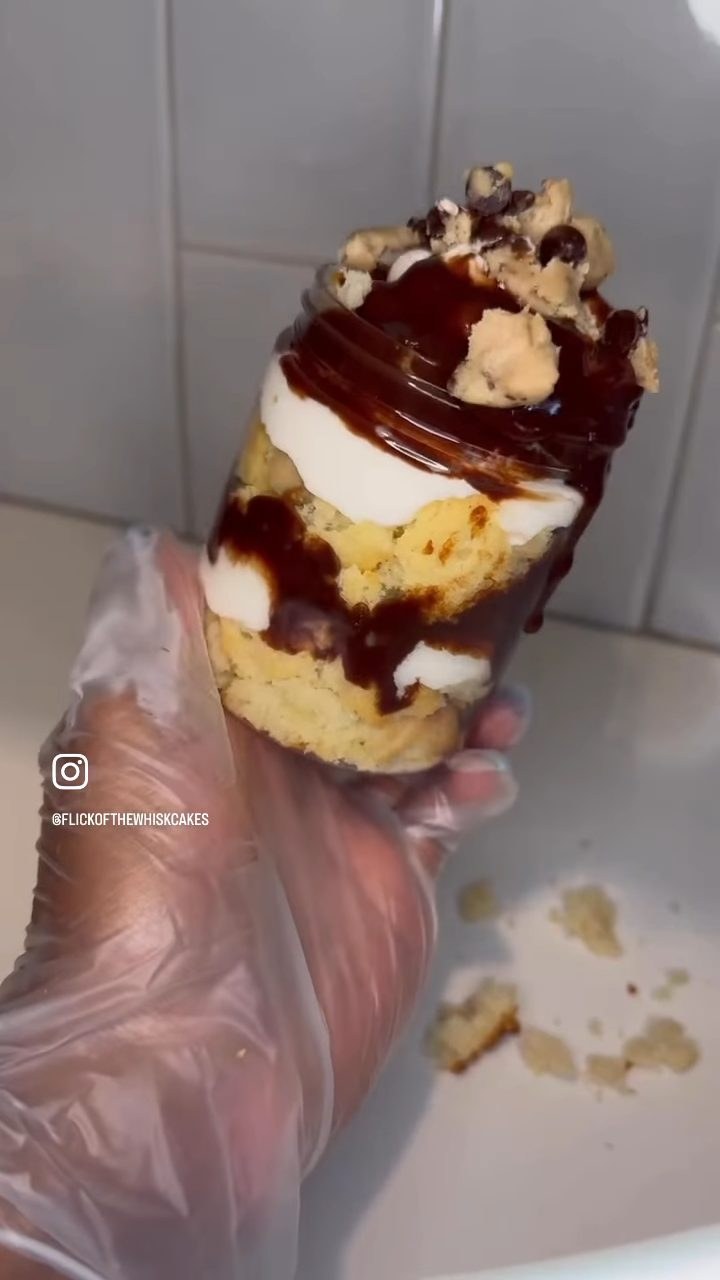 Red velvet cupcake jar with chocolate drizzle